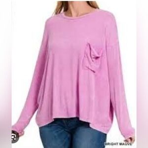 New Zenana Washed Ribbed Dolman Sleeve Round Neck Top with Pocket Mauve Sz L/XL